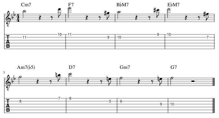 ２弦と１弦の７度に半音下からアプローチ