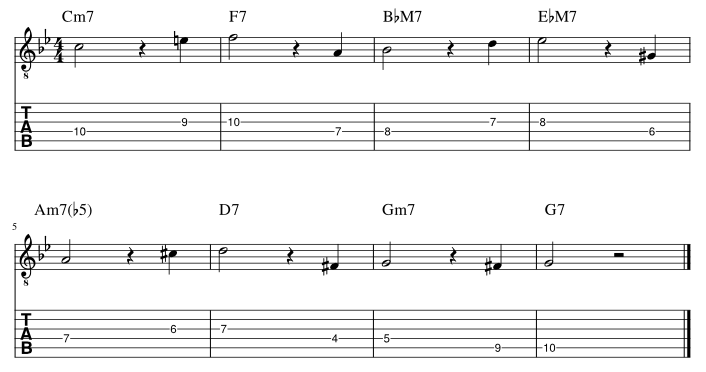 ４弦と３弦のルートに半音下からアプローチ