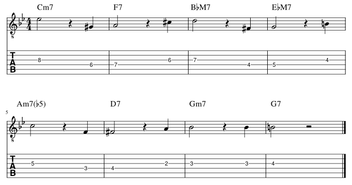 ４弦と３弦の３度に半音下からアプローチ