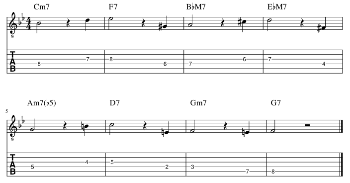 ４弦と３弦の７度に半音下からアプローチ