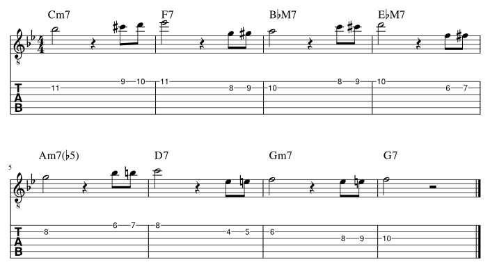 ２弦と１弦の７度にダブルクロマチックアプローチ譜例