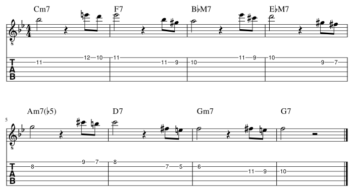 ２弦と１弦の７度に挟み込みアプローチパターン１_譜例