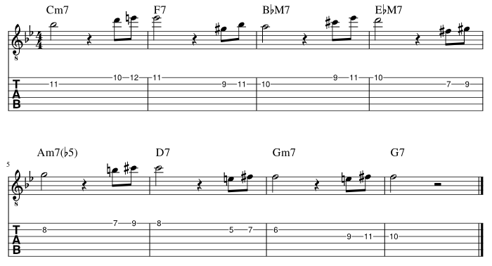 ２弦と１弦の７度に挟み込みアプローチパターン２_譜例