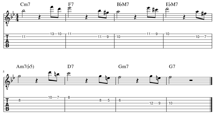 ２弦と１弦の７度に挟み込みアプローチパターン３_譜例
