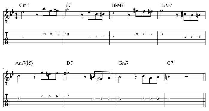 ３弦と２弦の３度にディレイドリゾルブ譜例