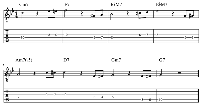 ４弦と３弦のルートにダブルクロマチックアプローチ譜例