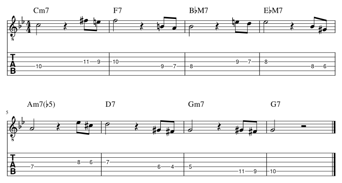 ４弦と３弦のルートに挟み込みアプローチパターン１譜例