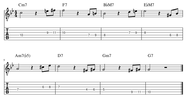４弦と３弦のルートに挟み込みアプローチパターン２譜例