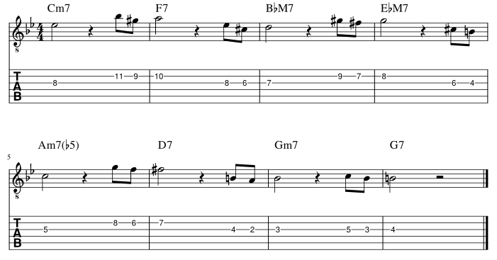 ４弦と３弦の３度に挟み込みアプローチパターン１譜例