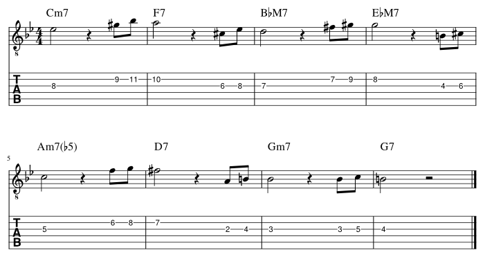 ４弦と３弦の３度に挟み込みアプローチパターン２_譜例