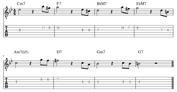 ４弦と３弦の３度に挟み込みアプローチパターン３譜例