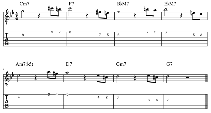 ４弦と３弦の５度に挟み込みアプローチパターン１譜例