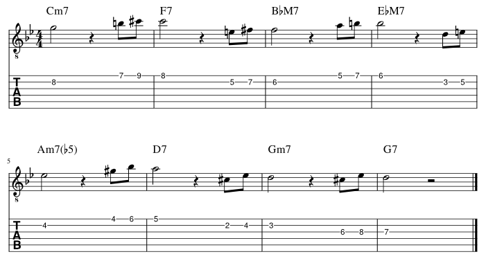 ４弦と３弦の５度に挟み込みアプローチパターン２譜例