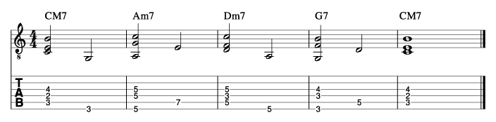 ウォーキングベースラインに和音を付けた例1_楽譜