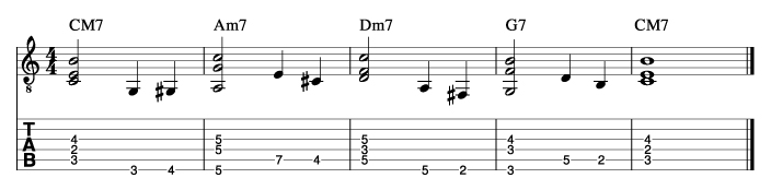 ウォーキングベースラインに和音を付けた例2_楽譜