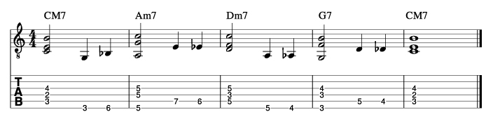 ウォーキングベースラインに和音を付けた例3_楽譜