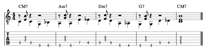 ウォーキングベースラインに和音を付けた例5_楽譜