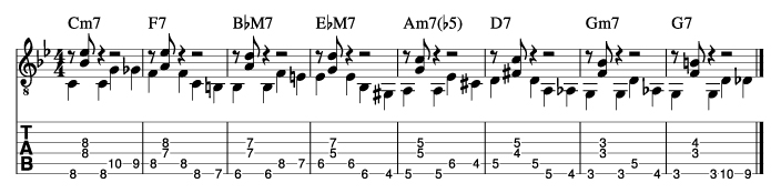 枯葉のウォーキングベースラインに和音を付けた例5_楽譜