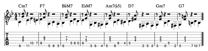 枯葉のウォーキングベースラインに和音を付けた例6_楽譜