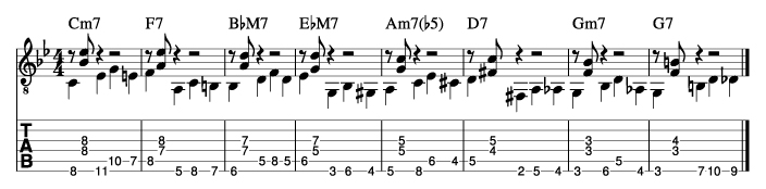 枯葉のウォーキングベースラインに和音を付けた例8_楽譜
